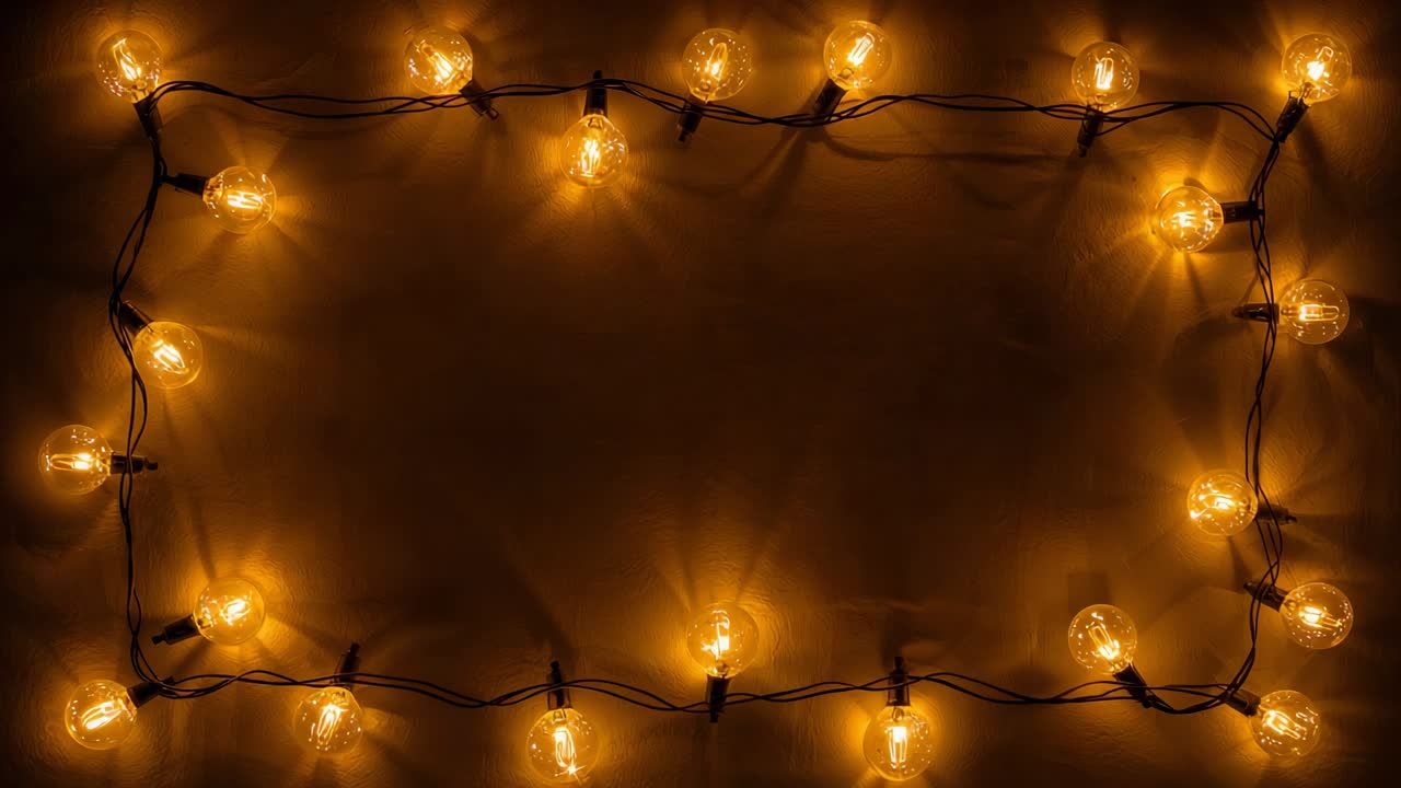 Frame shifting, amber globe lights glowing and pulsing inside dark room, showcasing wiring and loop