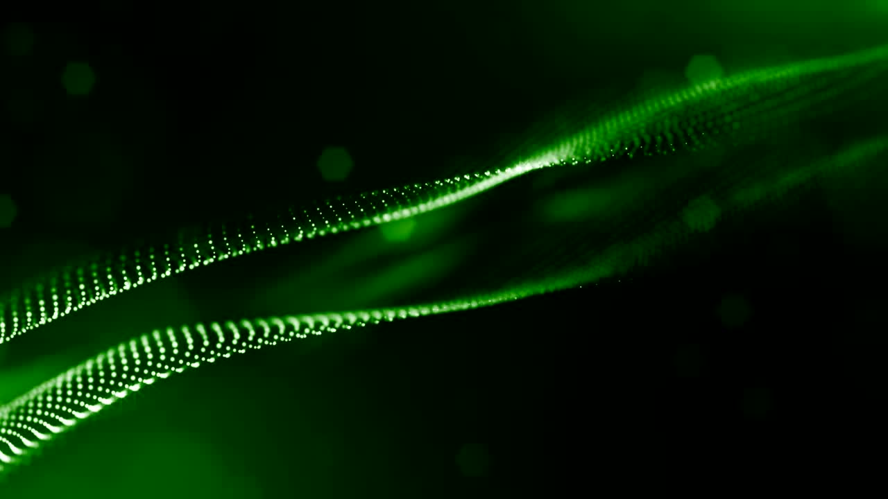 3d green background with fantastic luminous particles. Looped 3d animation with depth of field, light effects. Modern digital background. Curved lines 17