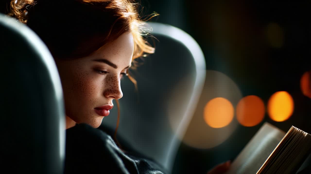 A Beautiful Young Woman with Freckles Reading a Book in Soft, Warm Lighting, Capturing a Moment of Peace and Reflection in a Cozy Environment