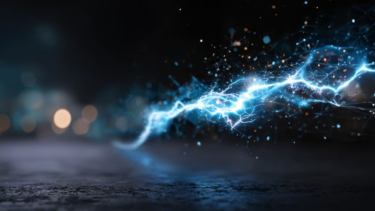 Scintille luminose di fulmini elettrici in un dinamico sfondo astratto con una combinazione di blu e tenui riflessi bokeh in una scena eterea
