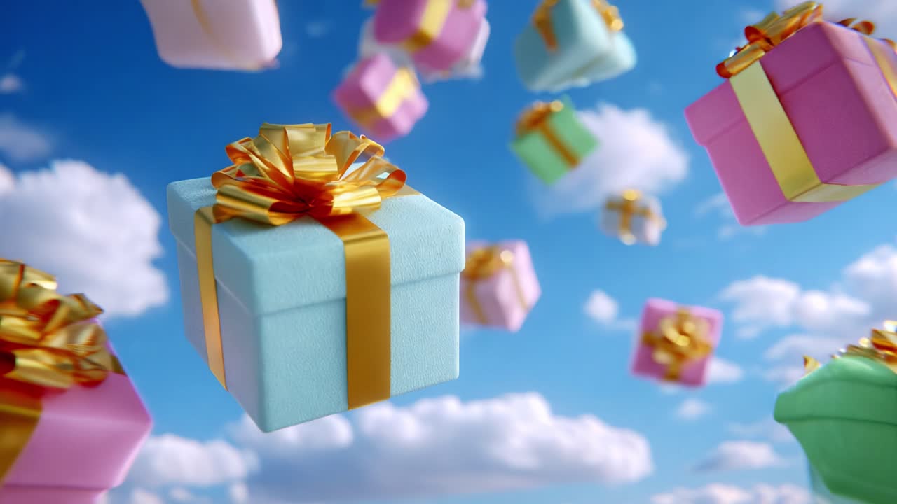 A whimsical scene of colorful gift boxes floating through a vibrant sky adorned with fluffy clouds, showcasing a magical atmosphere of celebration and joy reminiscent of festive occasions