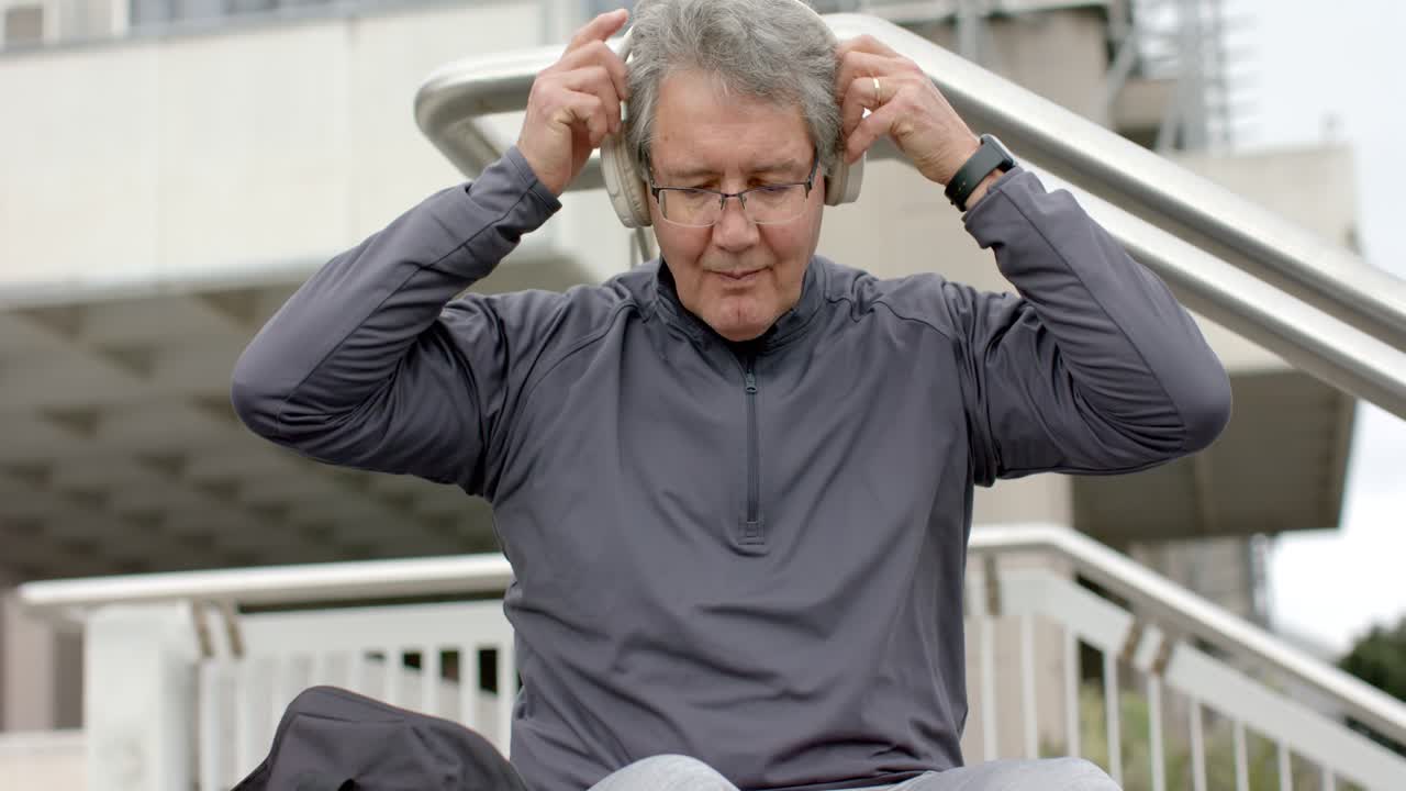 Mature man reaching into duffle bag on steps, grabbing headphones, checking smartwatch for workout