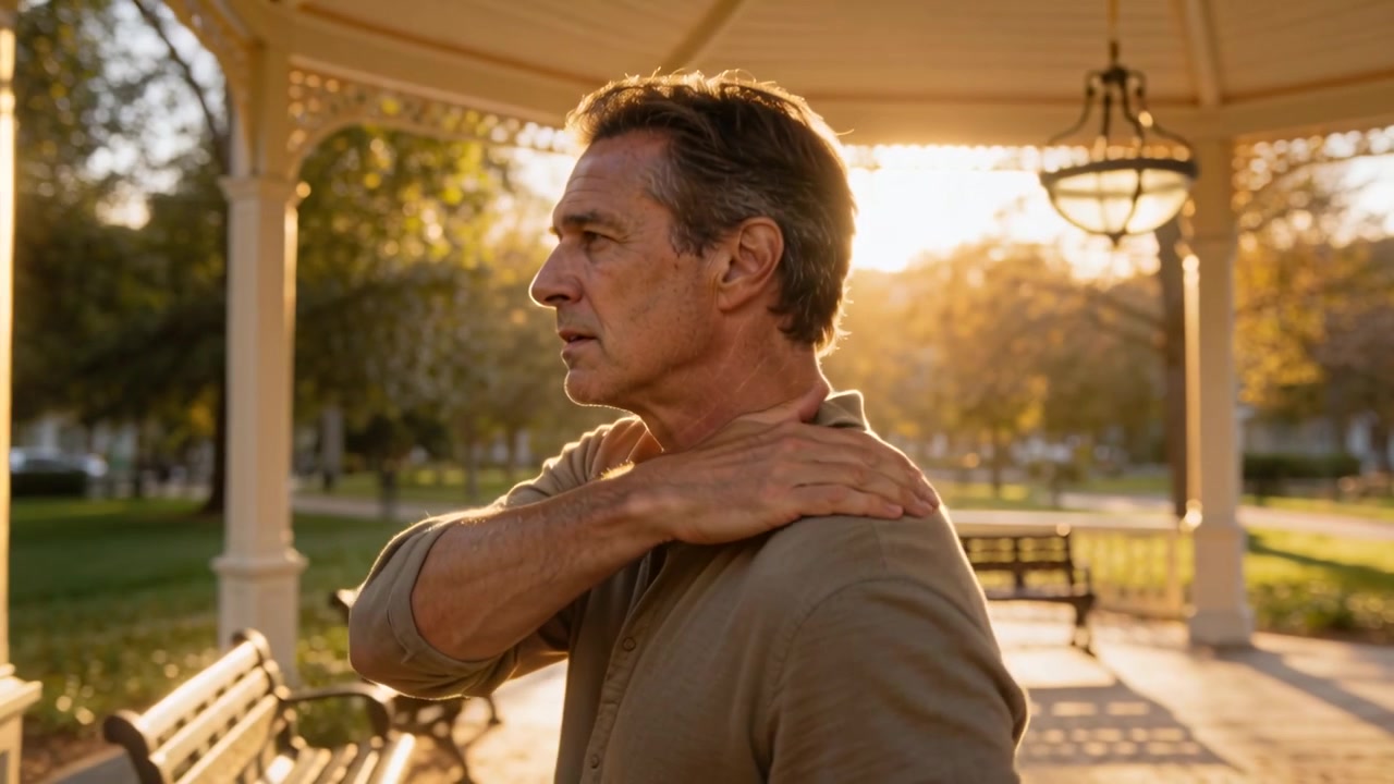 Uomo in polo beige che alza la mano, preme la spalla sinistra e si tocca il petto sotto un gazebo del parco illuminato dal sole.