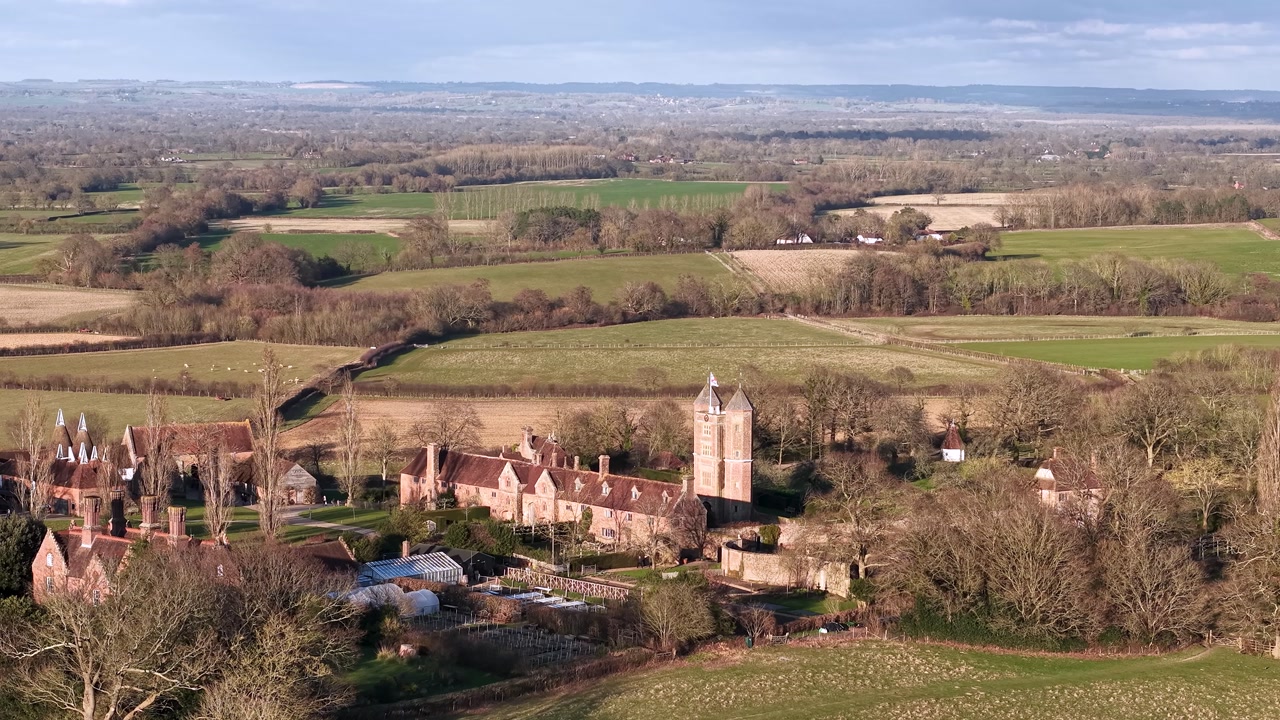 Bayham hall aerial view over the grand Jacobean manor property and vast English countryside
