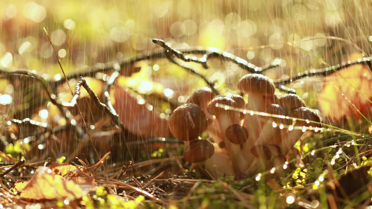 비가 오는  ⁇ 빛이 비는 숲에서  ⁇ 의 아가릭의 armillaria 버섯.