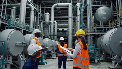 industrial workers reviewing documents in a factory