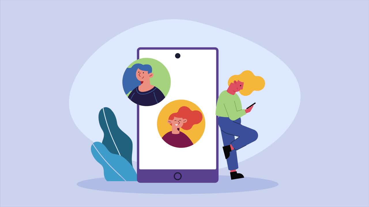 여성과 스마트폰이 소셜 미디어 애니메이션을 사용합니다.