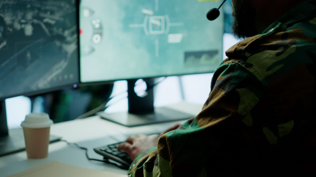 Military personnel operating in a secure office environment