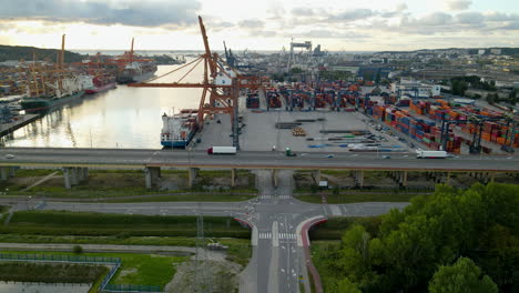 Aerial View Of Intersection Road Under Flyover Near Shipyard Seaport In Port Of Gdynia, Poland