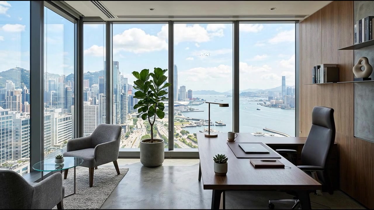 Spacious modern corporate office interior with panoramic window view