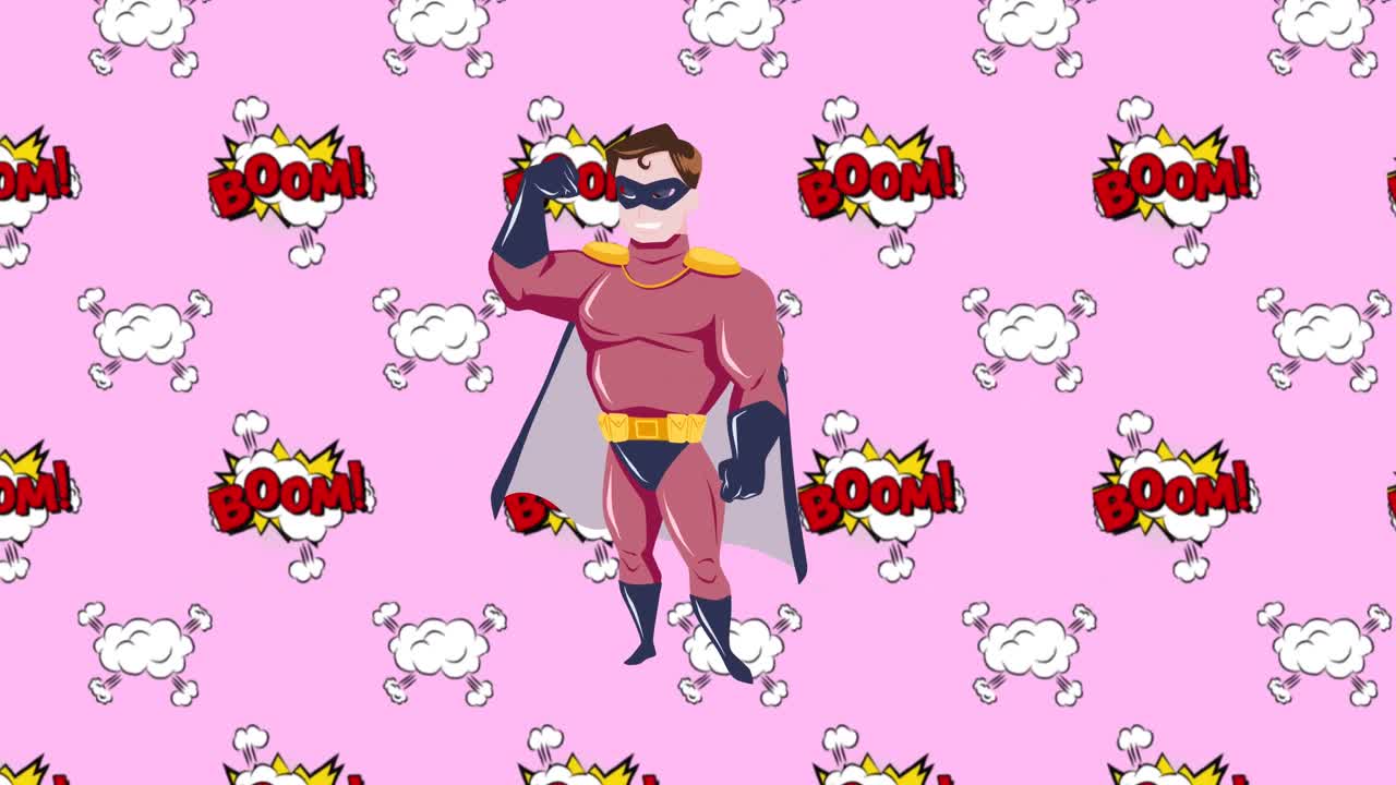 핑크색 배경에 행복한 남성 슈퍼히어로와 함께  ⁇  텍스트와 폭발의 일러스트레이션의 애니메이션