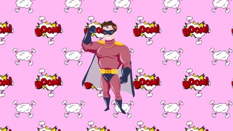 Animation-of-illustration-of-boom-text-and-explosions-with-happy-male-superhero,-on-pink-background