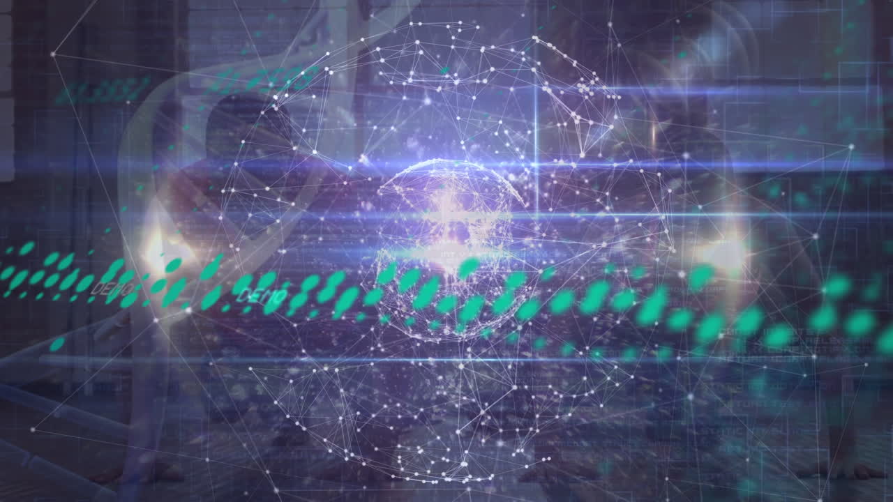 연결에 대한 그래프의 애니메이션과 운동하는 사람들의 글로브