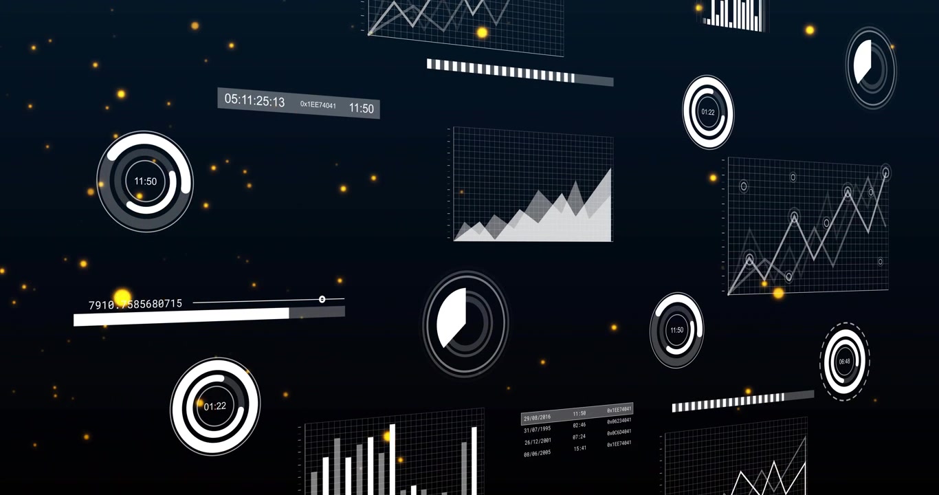 On load HUD updating gauges, sliding knob, shifting charts, drifting yellow dots, showing live data