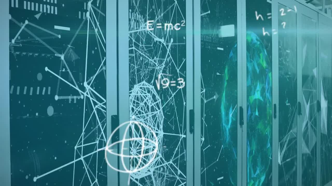 여러 화면에서 떠다니는 수학적 방정식은 검은색 백에 연결된  ⁇ 색 웹을 보여줍니다.