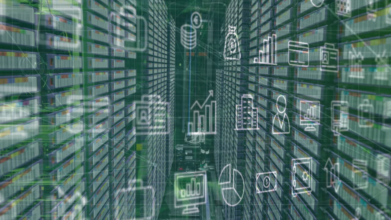 Animation of icons and network of connections over server room