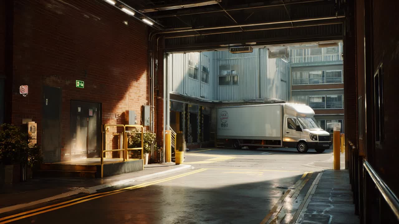 A View of an Urban Loading Dock with a Delivery Truck Departing From a Warehouse, Showcasing the Industrial Architecture and Daily Logistics Operations in a Busy City Environment