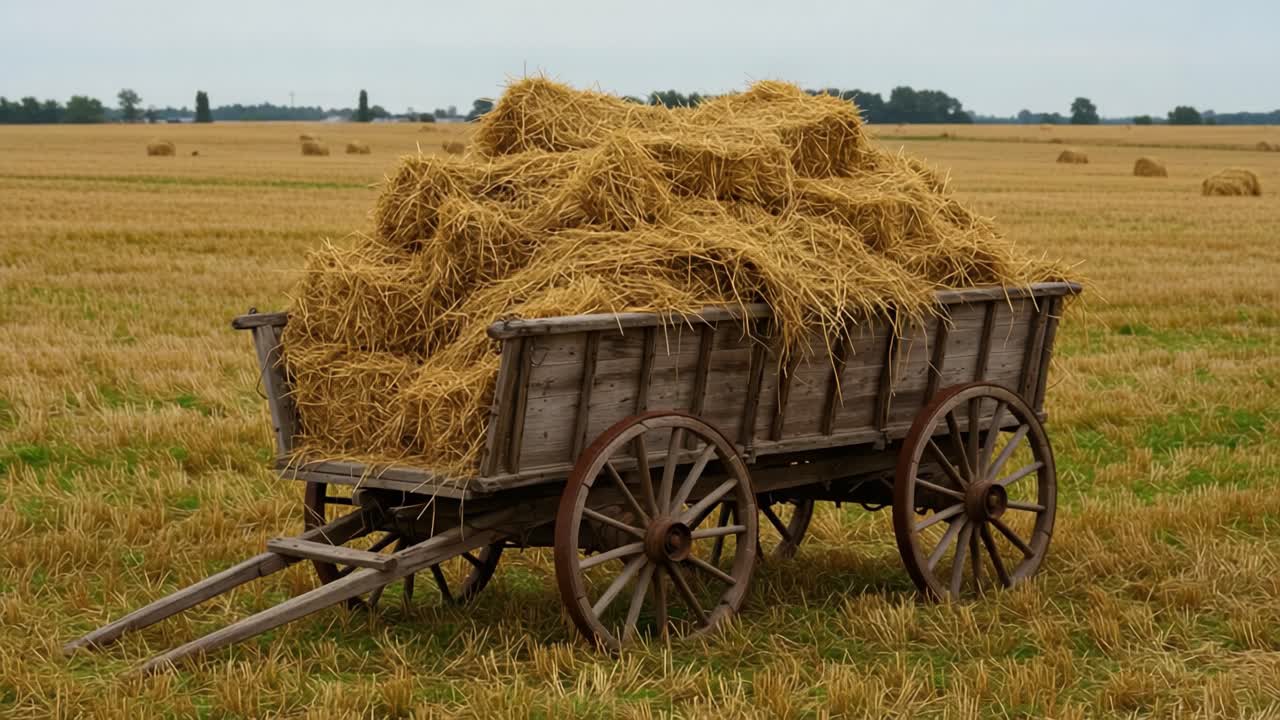 A Rustic Wooden Cart Brimming with Haystack in a Serene Agricultural Landscape Under a Gloomy Sky: A Snapshot of Rural Charm and Productivity