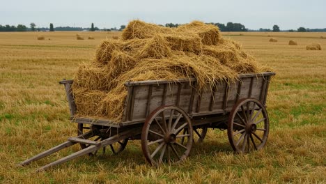 A Rustic Wooden Cart Brimming with Haystack in a Serene Agricultural Landscape Under a Gloomy Sky: A Snapshot of Rural Charm and Productivity