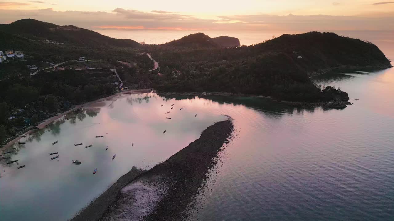 Establishing Aerial of Koh Pha Ngan Thailand's Gulf Island Beach, Sunset Skyline