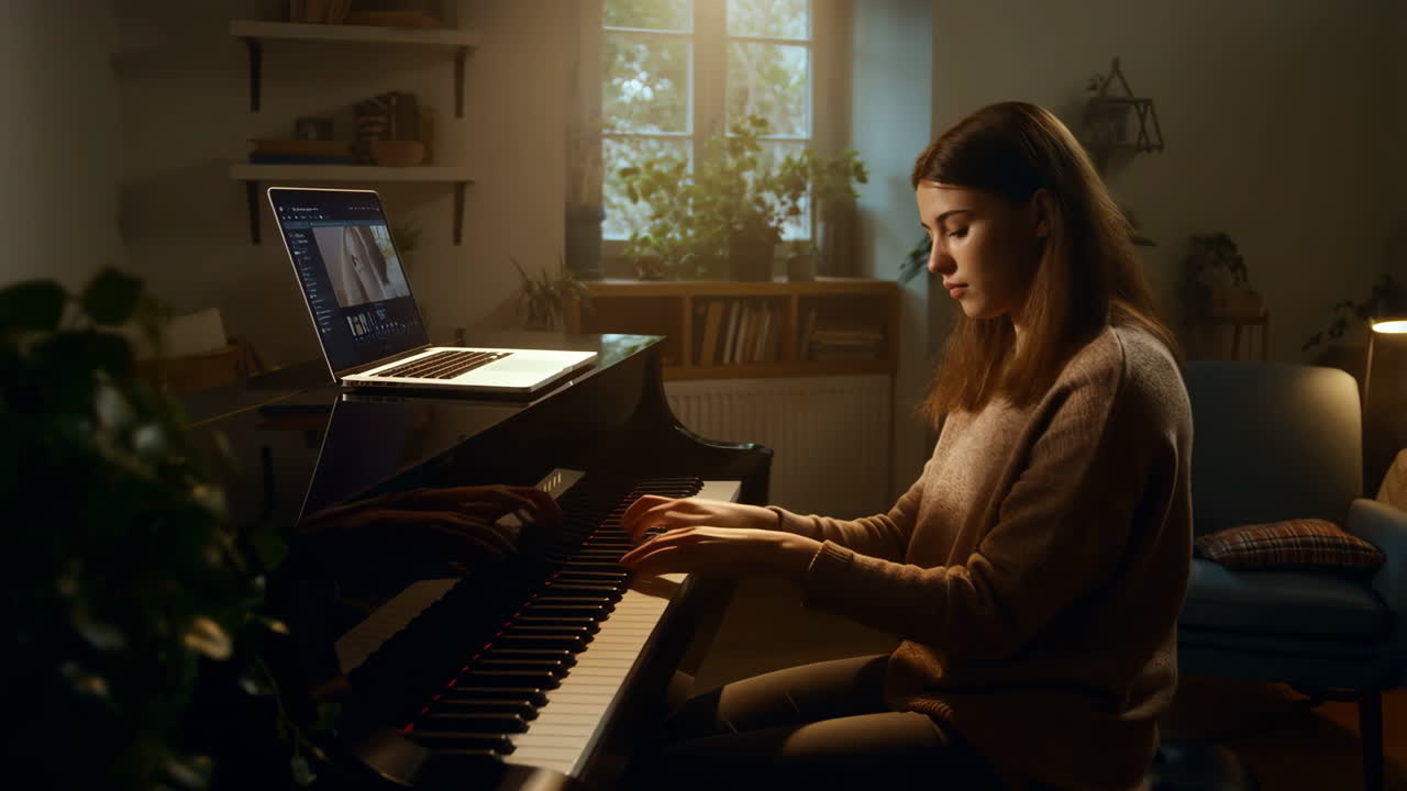 Young Woman Playing Grand Piano with Online Music Lesson on Laptop