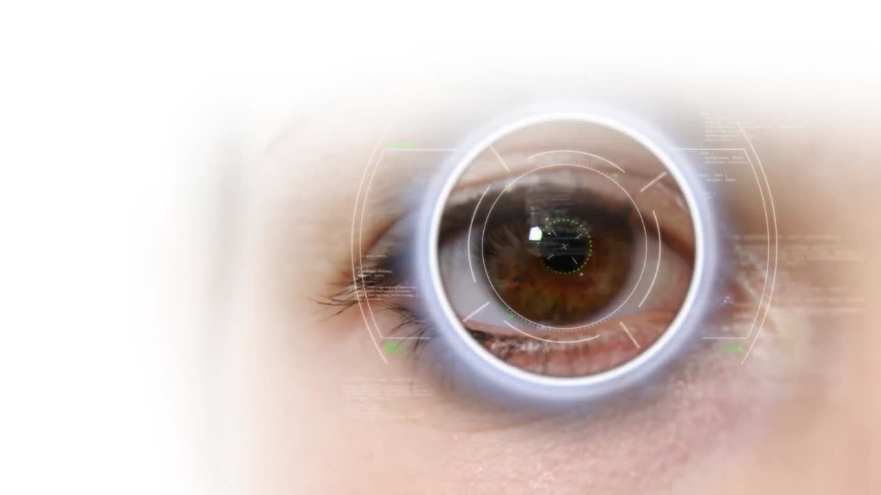 백인 여성의 뷰파인더와 원 눈의 애니메이션