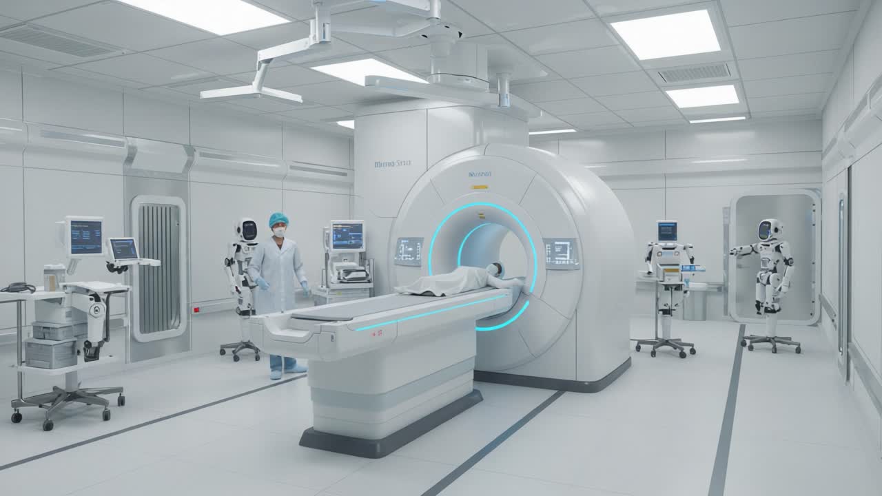 A High-Tech Medical Imaging Room Showcasing Advanced MRI Technology, Featuring Medical Personnel and Robotic Assistants in a Sleek, Modern Environment