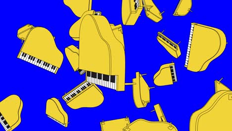 many yellow pianos on blue chroma key background.