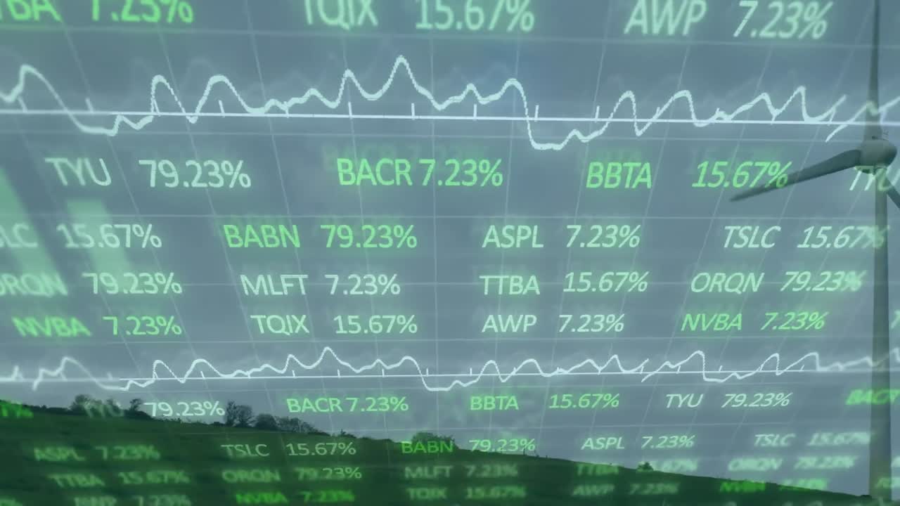 은 하늘을 배경으로 초록색 산에 회전하는 풍차 위의 거래 보드의 애니메이션