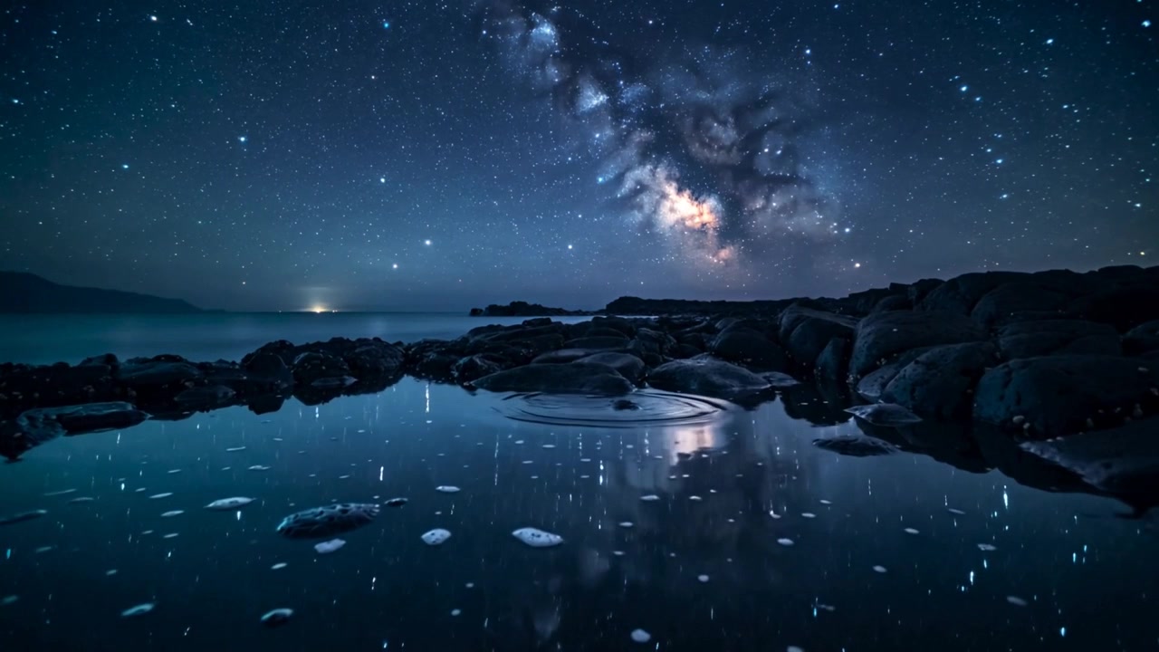 Pozza di marea poco profonda che riflette il nucleo della Via Lattea di notte, con strisce che creano increspature centrali.