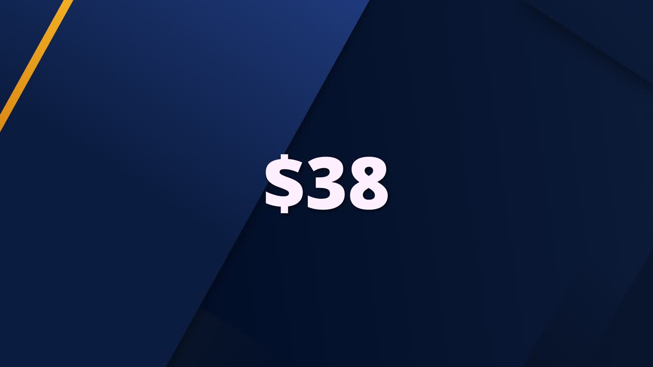 Elegant and bold price graphic animation showing $38. Ideal for product ads, e-commerce sites, and discount campaigns