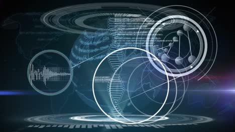 Animation-of-molecules,-scientific-data-and-globe-on-black-background