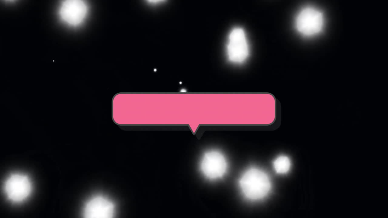 Pink speech bubble animation over glowing white lights on black background
