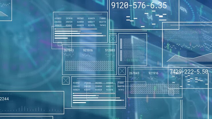 Animation of digital interface and data processing over blue background