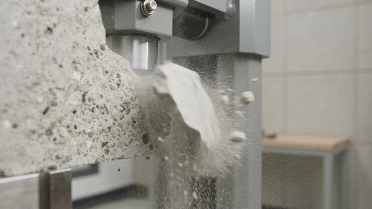 Striking concrete block with hydraulic actuator in lab, crack growing and chunks flying for testing
