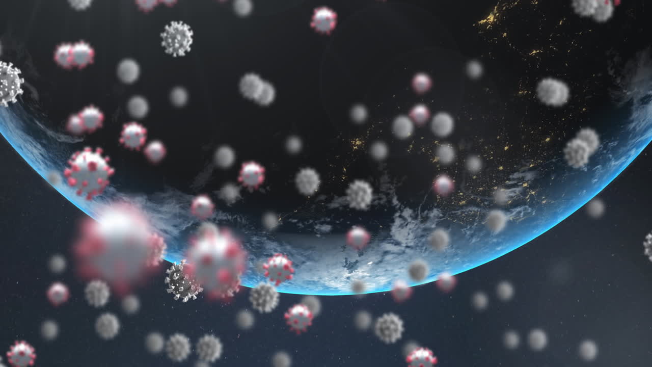 지구 위에 떠다니는 코로나19 세포의 애니메이션