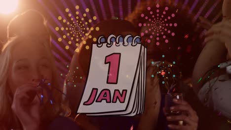 animation of jan 1 on calendar with new year fireworks over crowd of celebrating people partying