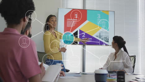 presenting colorful data chart, businesswoman using animation in school classroom