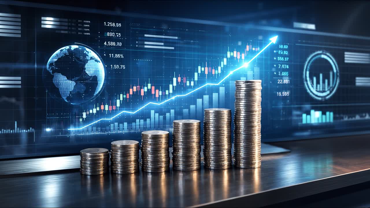 Dashboard di analisi del mercato azionario digitale con pile di monete crescenti e concetto di visualizzazione dei dati finanziari globali