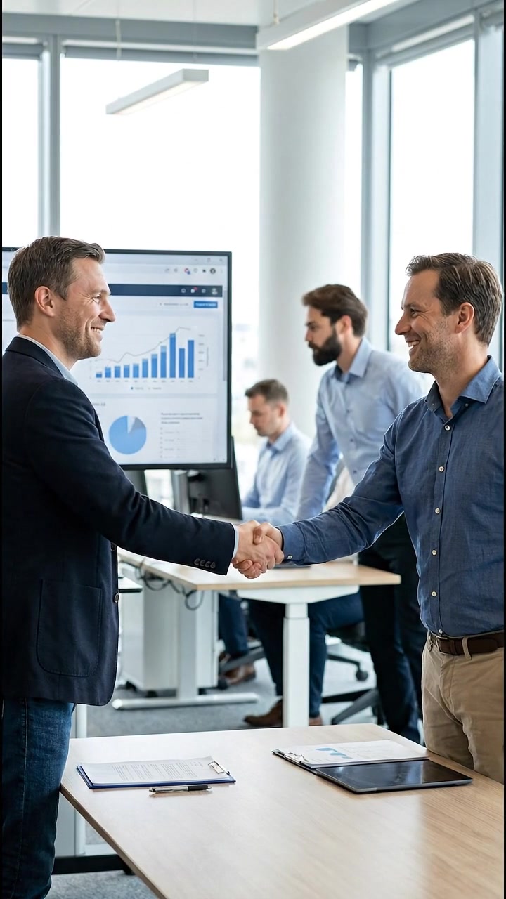 Due uomini d'affari che si stringono la mano in un ufficio moderno