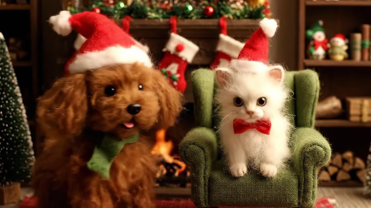 Festive video scene with a low-angle view of a dog and cat in Santa hats by a cozy fireplace