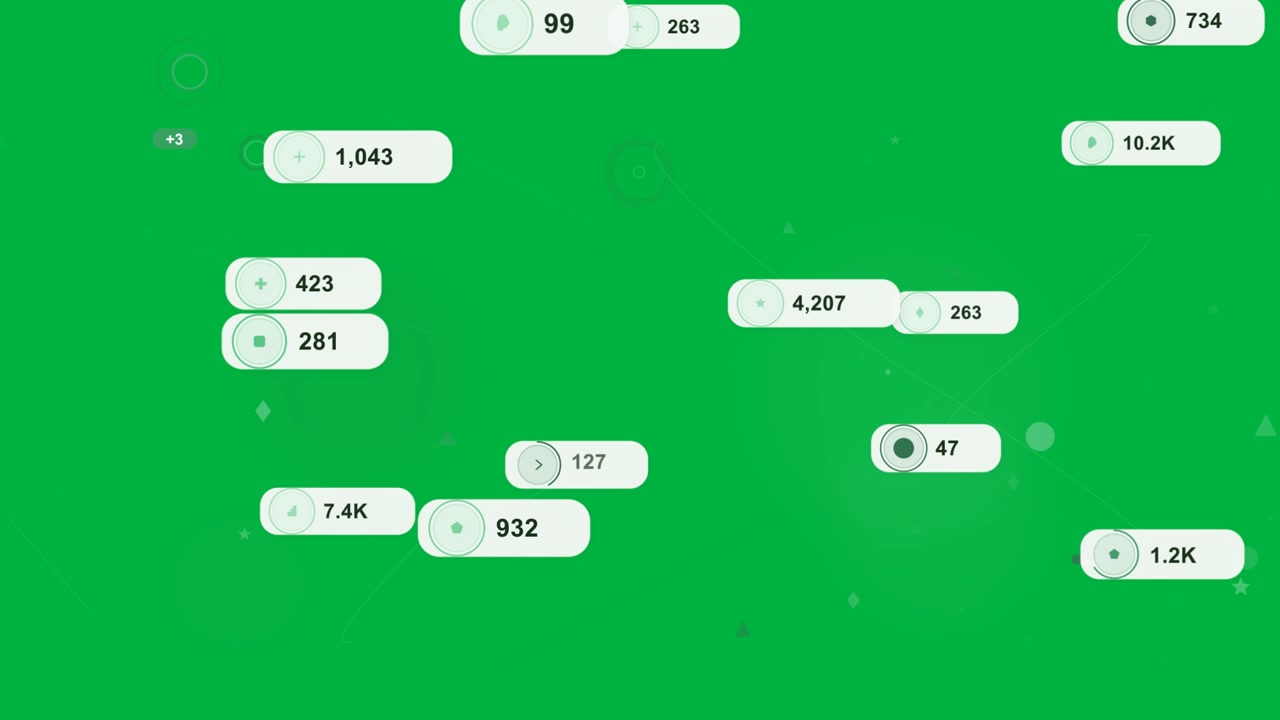 Animazione di due nodi verdi all'avvio, che aggiorna badge numerici su tela scura, mostrando conteggi in aumento