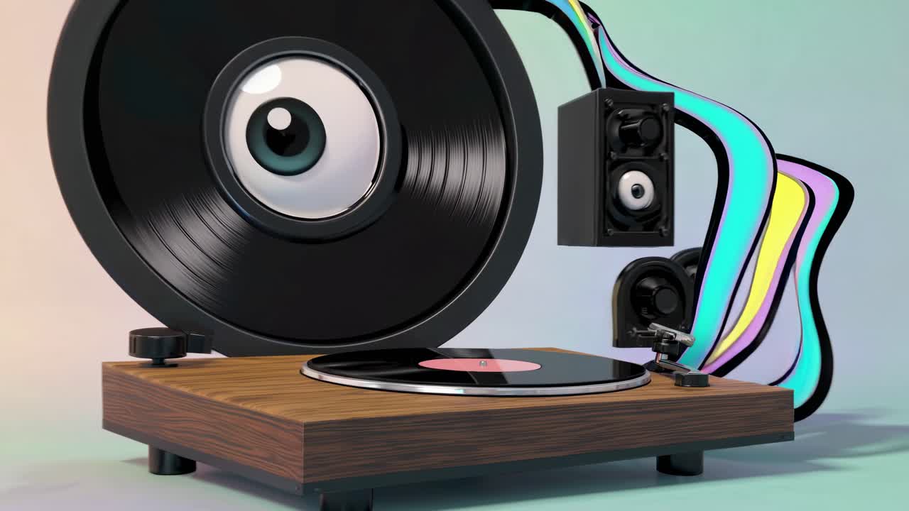 Concetto video surreale con un giradischi in vinile che si trasforma in un occhio, visto da un'angolazione bassa.