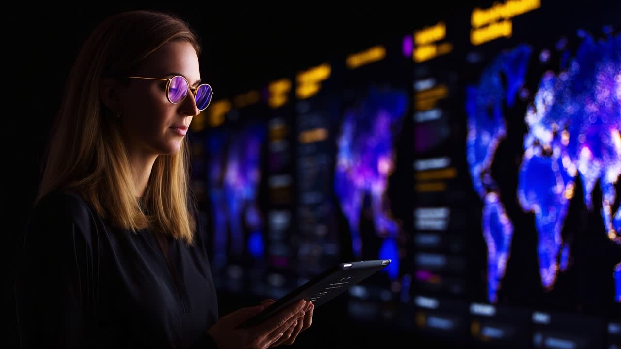 A focused young woman in stylish sunglasses examines data on a tablet screen, set against a vibrant digital world map that illuminates the dark background with colorful lights