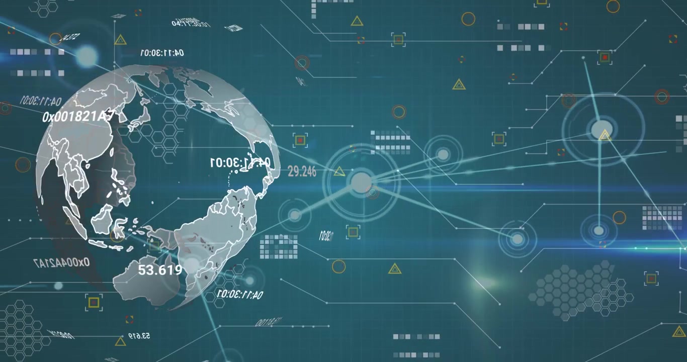 Animation of globe of network of connections with icons over globe