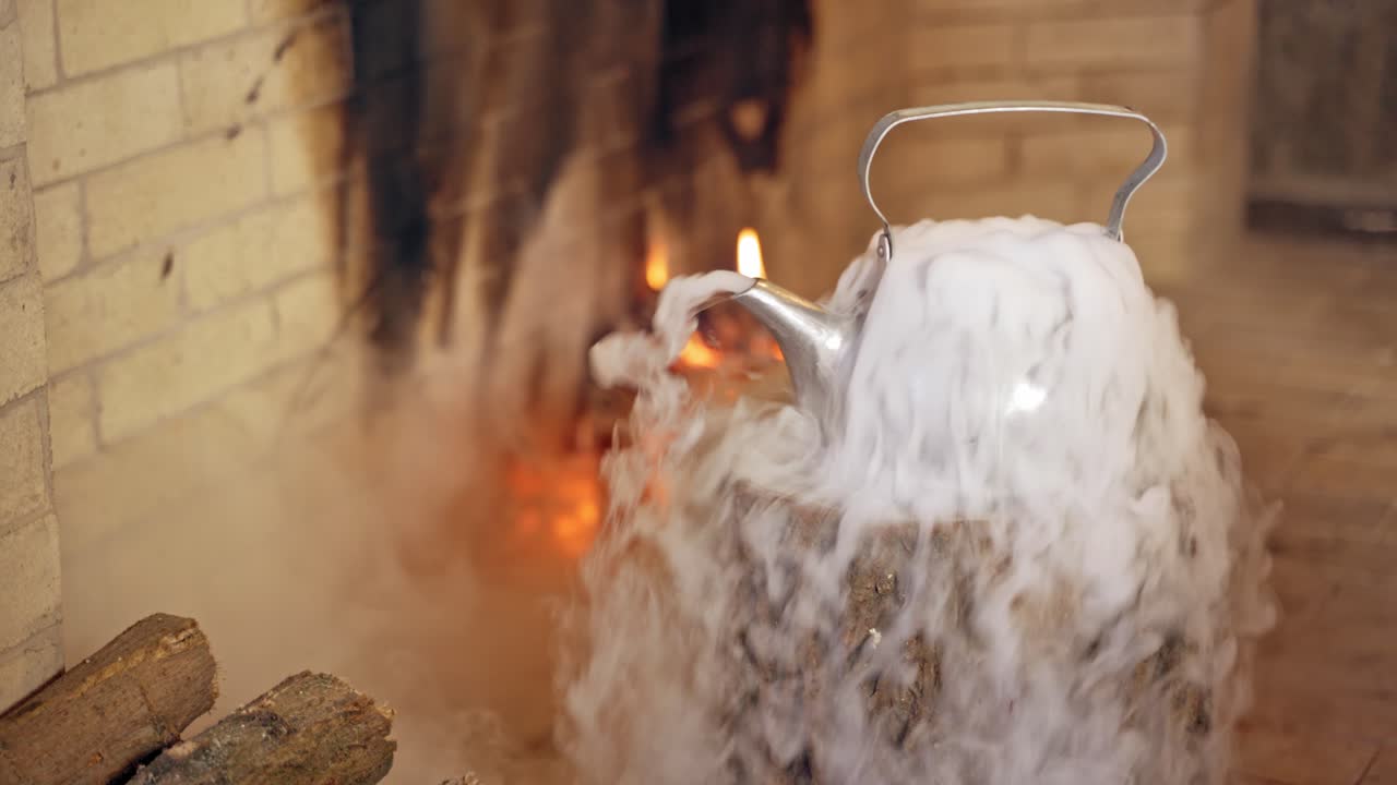 View of old kettle. Christmas boiling kettle with steam