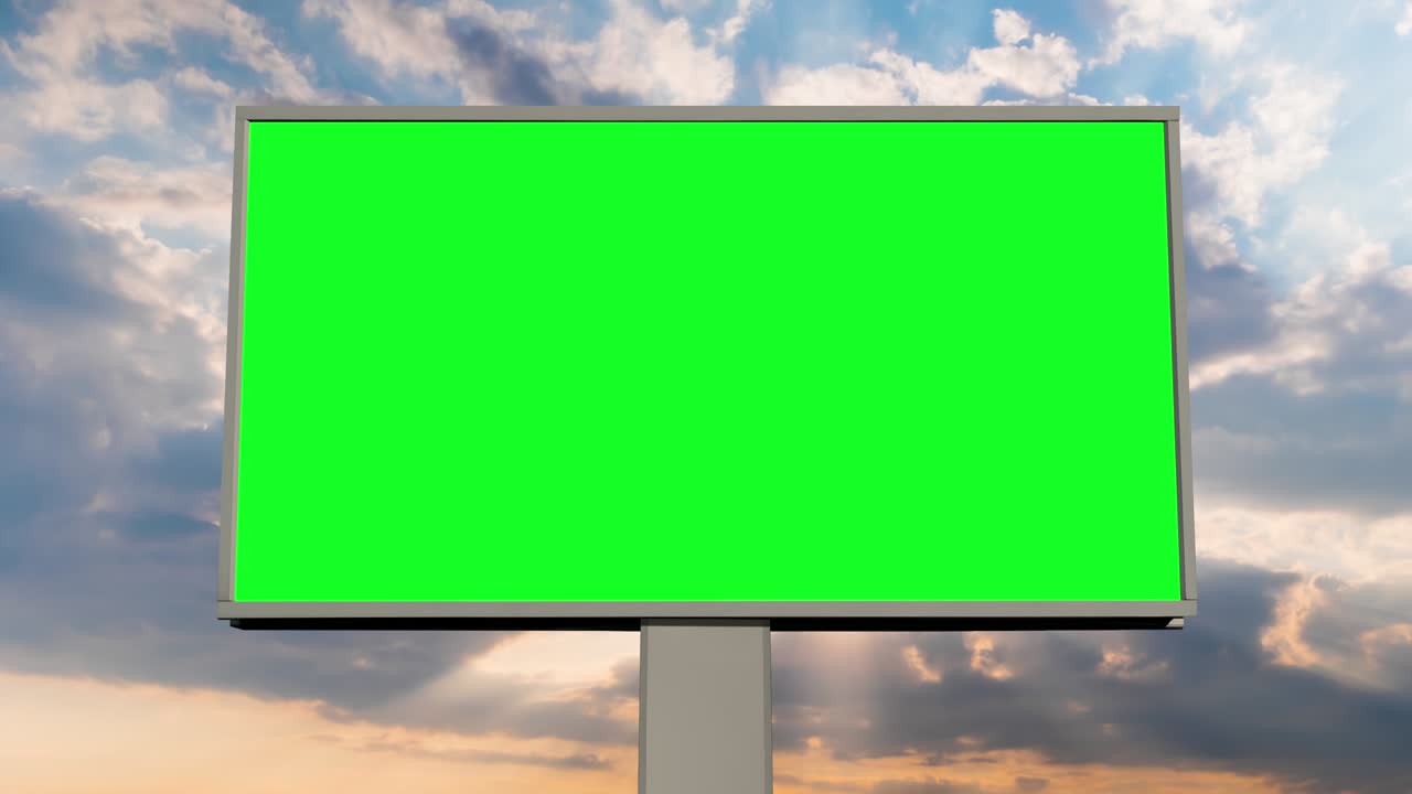 Timelapse - blank green billboard and moving white clouds agains sunset sky