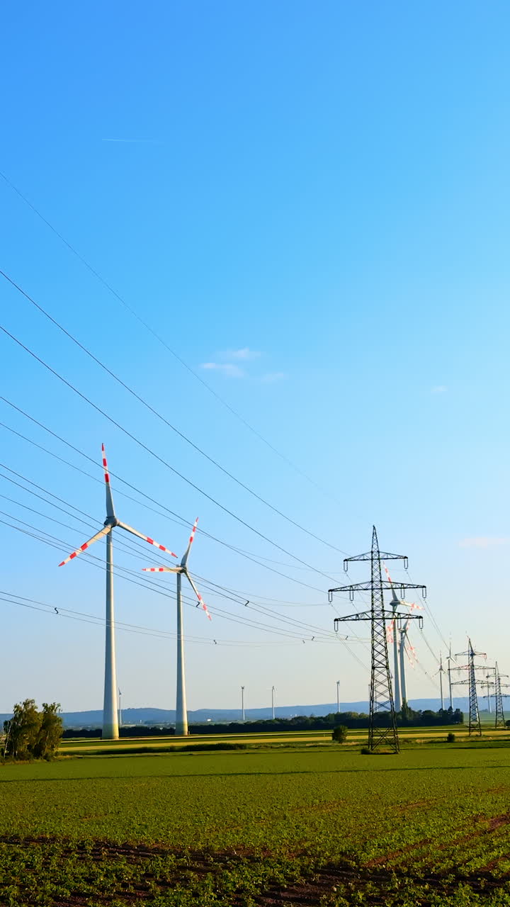 Turbines and power lines. Wind turbines spin in the breeze alongside power lines under a clear blue sky in a rural area