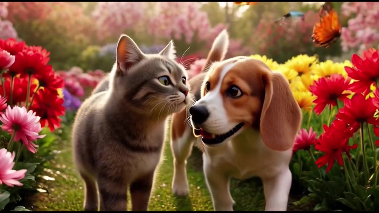 Sød killing og Beagle-hvalp går sammen i en blomsterhave.