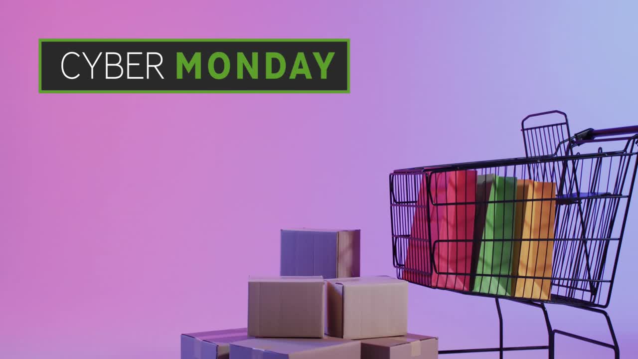 animación de texto de cyber monday sobre carrito de compras, bolsas y cajas